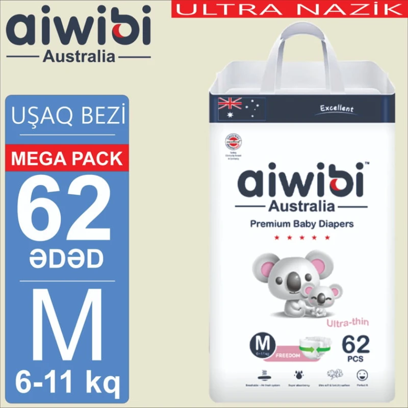 Детские подгузники AIWIBI Premium M, 6-11 кг, 62 шт