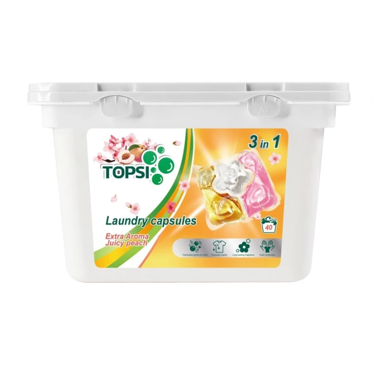 Капсулы для стирки Topsi 3в1, с ароматом персика, 40 шт. Капсулы для стирки Topsi 3в1, с ароматом персика, 40 шт.