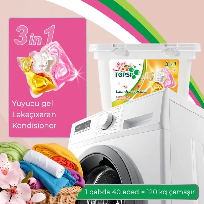 Капсулы для стирки Topsi 3в1, с ароматом персика, 40 шт. Капсулы для стирки Topsi 3в1, с ароматом персика, 40 шт.