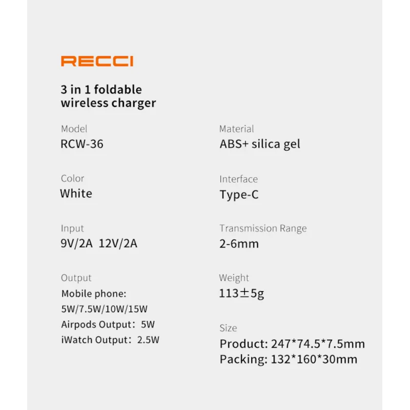 Simsiz enerji toplama cihazı Recci RCW-36 Foldable White Simsiz enerji toplama cihazı Recci RCW-36 Foldable White