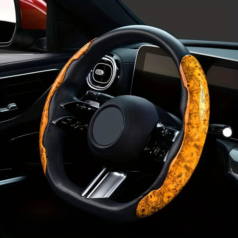 Чехол на руль S-line-0227, ультратонкий/нескользящий, черный/светло-коричневый