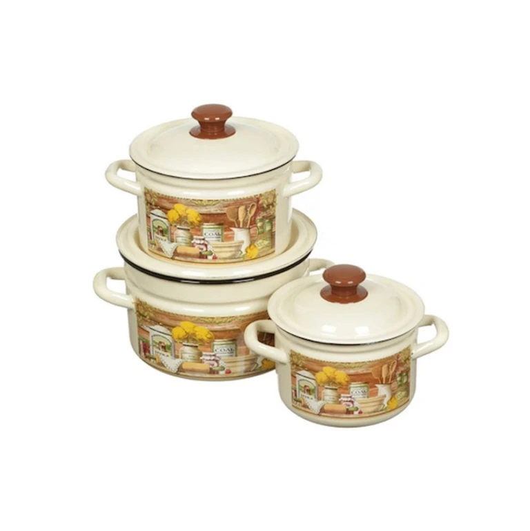 Набор кастрюль Керченская эмаль Сельский мотив-1, 3 шт, 2000/3000/5000 мл, сталь, с крышкой, бежевый/коричневый Набор кастрюль Керченская эмаль Сельский мотив-1, 3 шт, 2000/3000/5000 мл, сталь, с крышкой, бежевый/коричневый