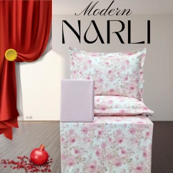 Yataq dəsti Narlı 1186, yorğan üzü 200x220 sm, mələfə 240x260 sm, yastıq üzü 50x70 sm, ikinəfərlik, pambıq, ağ/çəhrayı