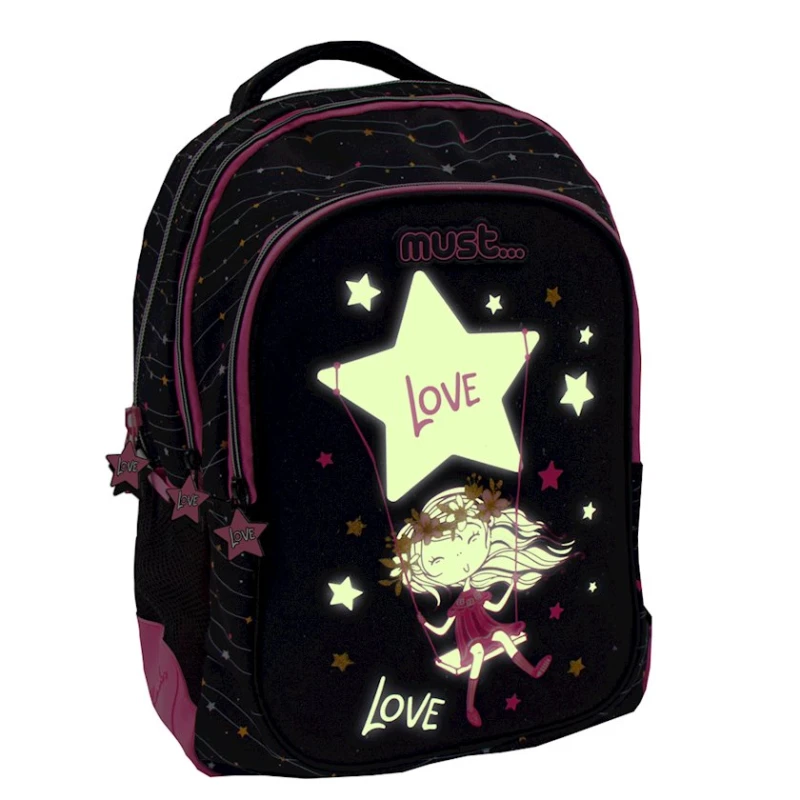 Школьный рюкзак Must 584562 полиэстер, черный/розовый, для девочек, 32x18x43 см