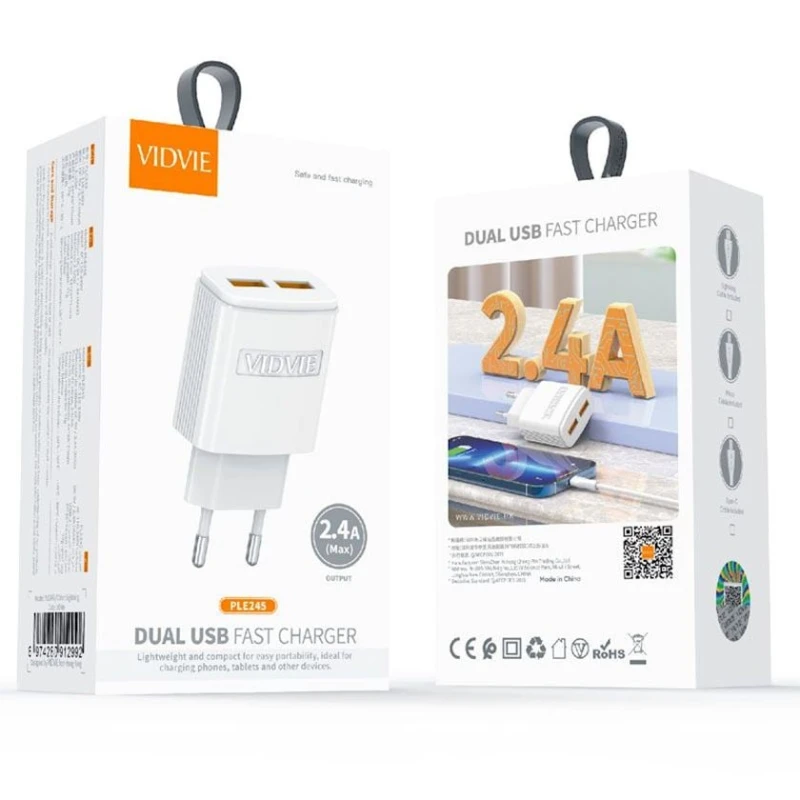 Şəbəkə enerji toplama cihazı VIDVIE PLE245 2USB 2.4A with Type-C Cable White