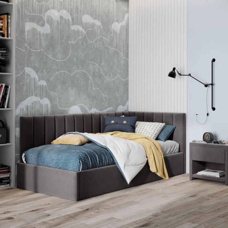 Односпальная кровать Art_tek_yataq(100) 59, ламинат/текстиль, коричневая, 200x85x100 см