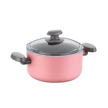 Qazan Korkmaz Mia Manolya A1307, 28x14.5 sm, 8.5 L, alüminium, şüşə qapaq, PTFE yapışmayan örtük ilə, çəhrayı