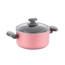 Qazan Korkmaz Mia Manolya A1307, 28x14.5 sm, 8.5 L, alüminium, şüşə qapaq, PTFE yapışmayan örtük ilə, çəhrayı