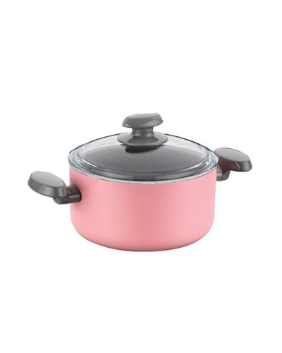 Qazan Korkmaz Mia Manolya A1307, 28x14.5 sm, 8.5 L, alüminium, şüşə qapaq, PTFE yapışmayan örtük ilə, çəhrayı