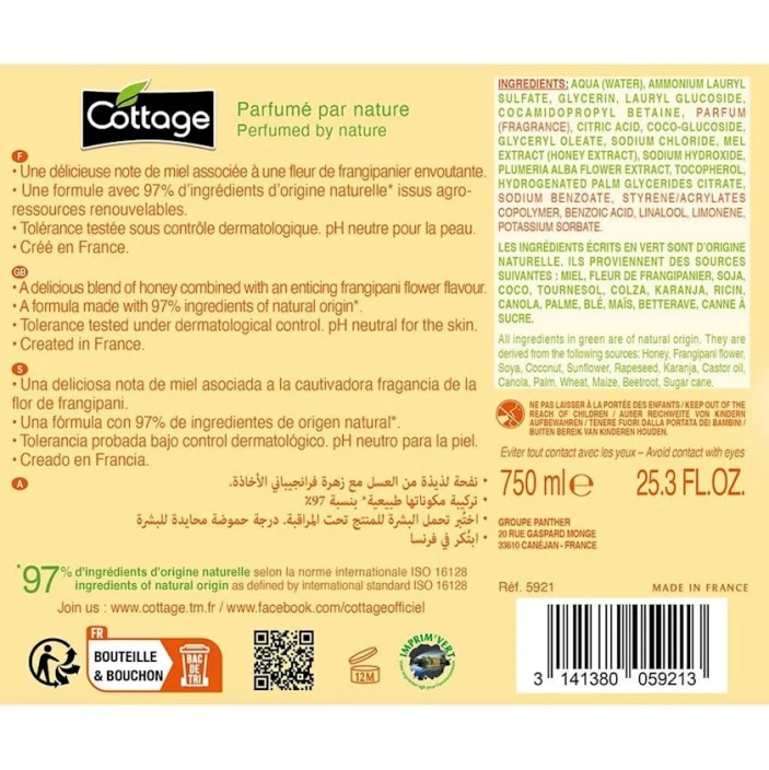 Duş üçün gel-köpük Cottage Moisturizing Miel & Frangipanier, 750 ml