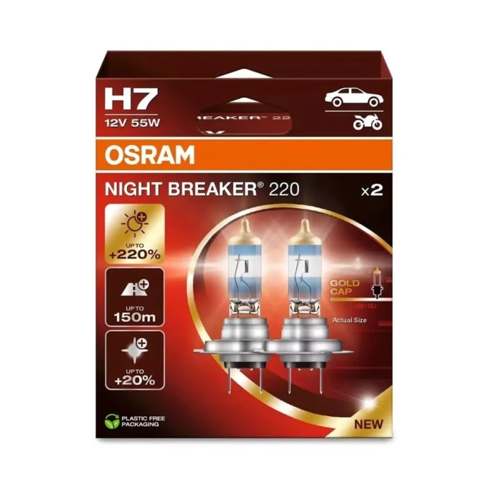 Avtomobil faraları üçün lampa Osram H7 Night Breaker 220, H7, 55 Vt, 2 əd