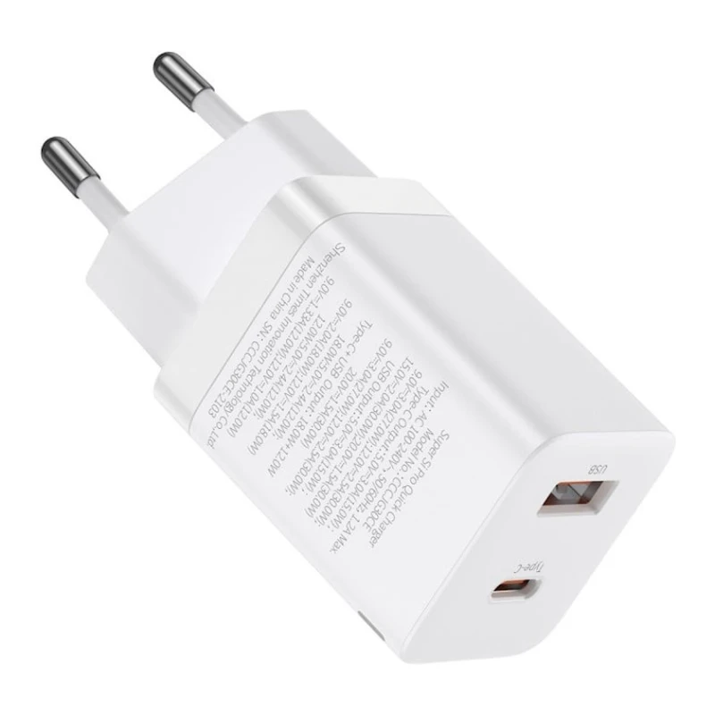 Сетевое зарядное устройство Baseus Super Si Pro Quick Charger C+U 30W EU White CCSUPP-E02, Белый