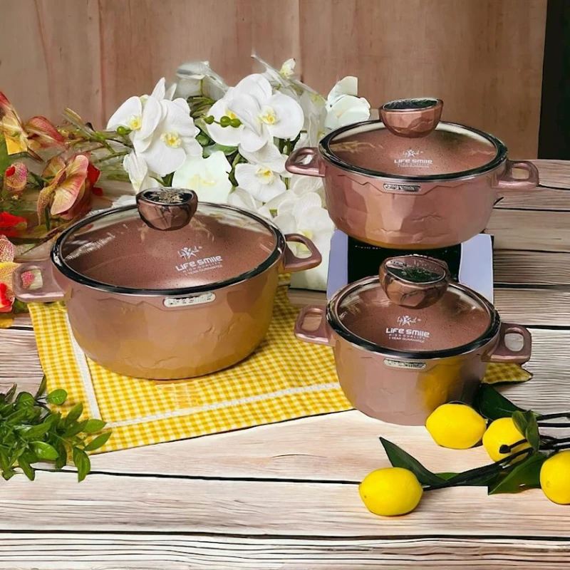 Набор кастрюль Life Smile LF-QZ-001, гранит, коричневый, 3 предмета
