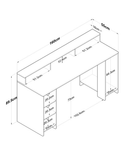 Kompüter masası Ev Plus 12116015, LDSP, 160x55x89.5 sm