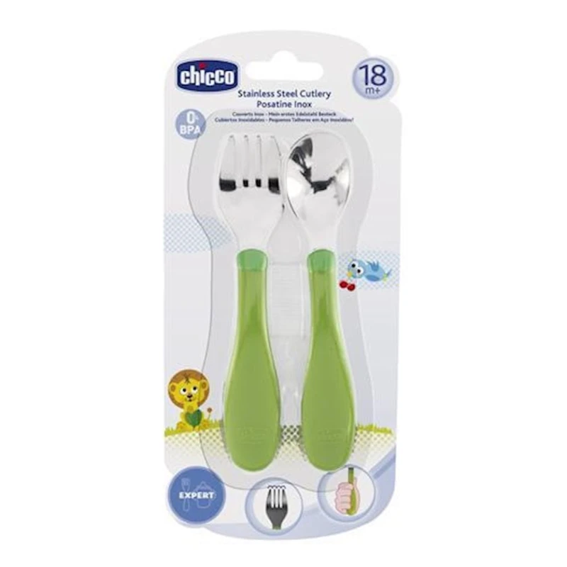 Набор ложка и вилка Chicco, нержавеющая сталь/пластик, 18 + месяцев Набор ложка и вилка Chicco, нержавеющая сталь/пластик, 18 + месяцев