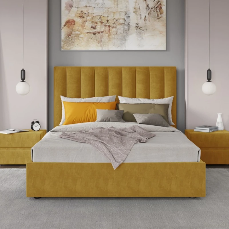 Двуспальная кровать Art_ikili_yataq 17, ламинат, желтая, 120x160x200 см