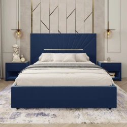 Двуспальная кровать Art_ikili_yataq 78, ламинат/текстиль, голубая, 120x200х200 см