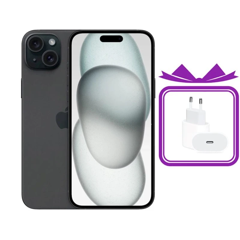 Smartfon Apple iPhone 15 6GB/128GB Black + Transparent Silicone case + Apple 20w charger + Screen Protector Smartfon Apple iPhone 15 6GB/128GB Black + Transparent Silicone case + Apple 20w charger + Screen Protector