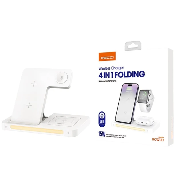 Simsiz enerji toplama cihazı Recci RCW-31 4in1 15W Magnetic Charger Holder, White Simsiz enerji toplama cihazı Recci RCW-31 4in1 15W Magnetic Charger Holder, White