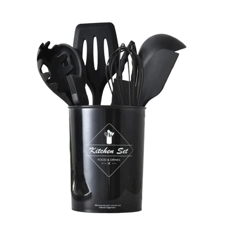 Mətbəx ləvazimatları dəsti DCJ1012-1, 11 əd, altlıq ilə, silikon/paslanmayan polad, qara