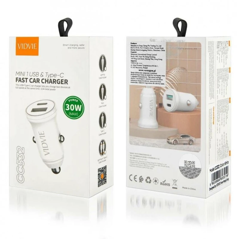 Avtomobil enerji toplama cihazı Vidvie CC532C 30 Vt, USB + Type-C White