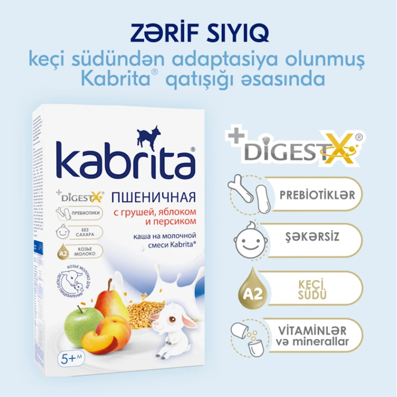 Südlü buğda sıyıq Kabrita armud, alma və şaftalı ilə, 5+ ay, 180 g