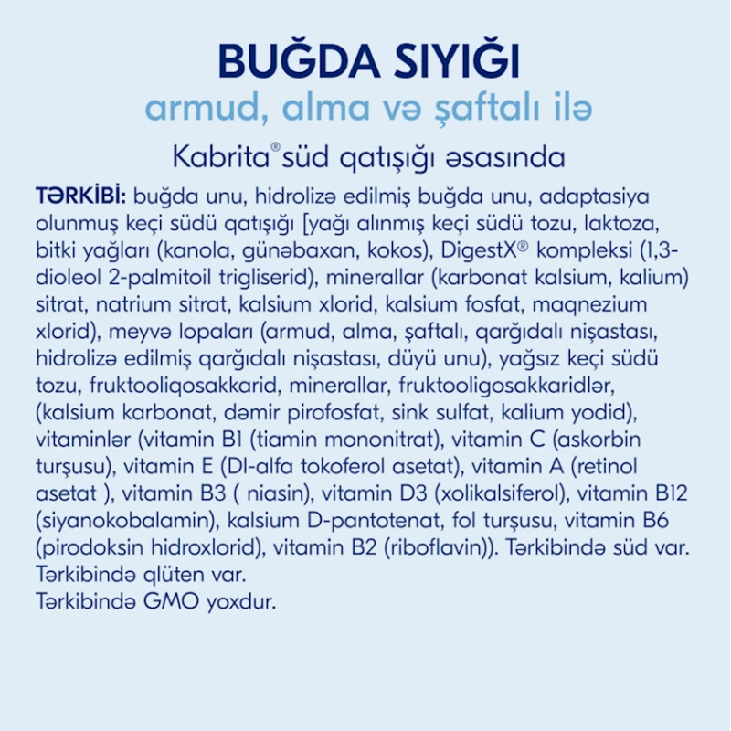 Südlü buğda sıyıq Kabrita armud, alma və şaftalı ilə, 5+ ay, 180 g