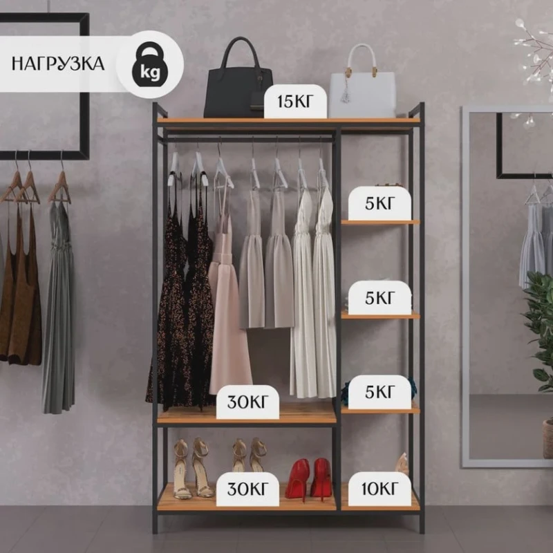 Вешалка с полками Letta 3563_Letta25LoftHVotan, ЛДСП/металл, коричневый/черный, 41x114x181 см Вешалка с полками Letta 3563_Letta25LoftHVotan, ЛДСП/металл, коричневый/черный, 41x114x181 см