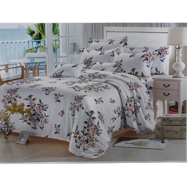 Yataq dəsti Sahara SHA-0000787, güllər, yorğan üzü 200x220 sm, mələfə 230x240 sm, yastıq üzü 50x70 sm 2 əd, ikinəfərlik, satin, ağ