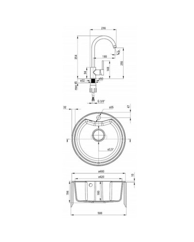 Qarışdırıcı ilə mətbəx çanağı Deante Solis ZRS B2803, 19.4x48 sm, qranit, qara