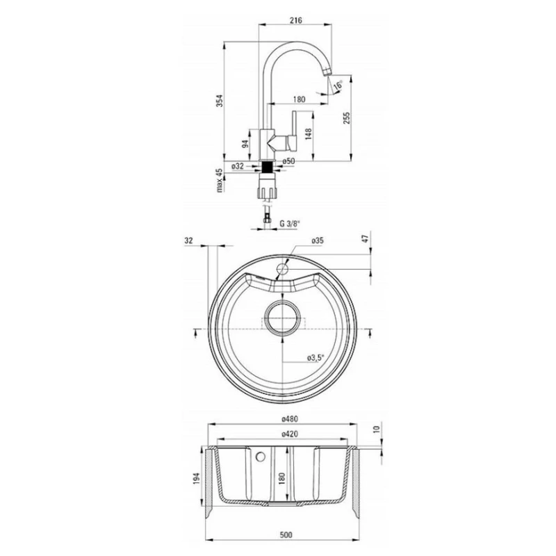 Qarışdırıcı ilə mətbəx çanağı Deante Solis ZRS B2803, 19.4x48 sm, qranit, qara