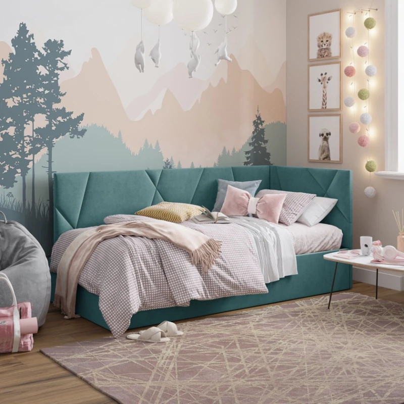 Односпальная кровать Art_tek_yataq 45, ламинат/текстиль, бирюзовая, 200x85x100 см