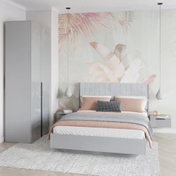 Двуспальная кровать Art_ikili_yataq 86, ламинат/текстиль, серая, 120x180х200 см