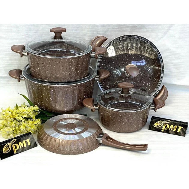 Набор кастрюль и сковородок PMT PP-MM-014, гранит, коричневый, 9 предметов Набор кастрюль и сковородок PMT PP-MM-014, гранит, коричневый, 9 предметов