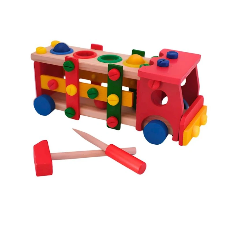 Блочный конструктор 2 в 1, сборная красная машина c молоточком, 3+ лет