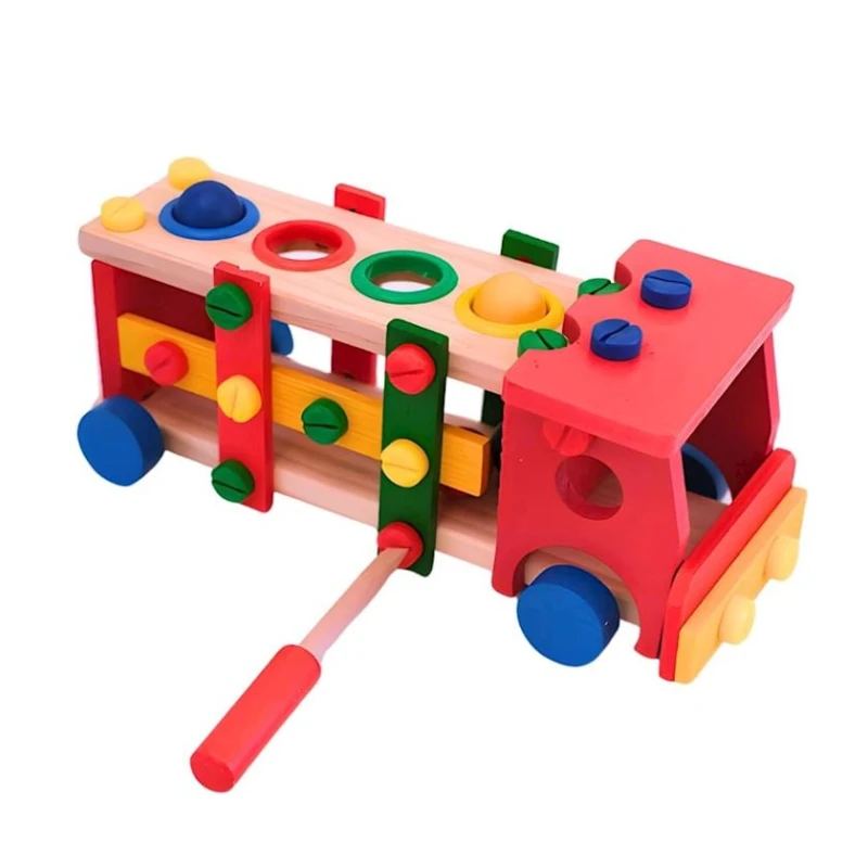 Блочный конструктор 2 в 1, сборная красная машина c молоточком, 3+ лет