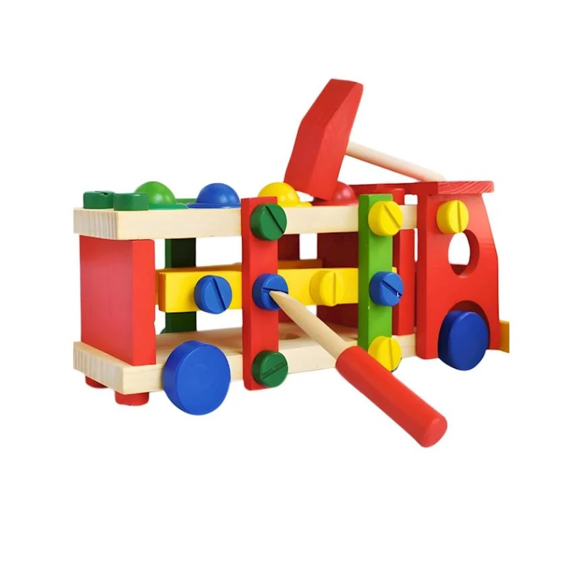 Блочный конструктор 2 в 1, сборная красная машина c молоточком, 3+ лет