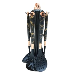 Набор кухонных принадлежностей HMSD_WD05 силикон, черный/золотистый, 6 шт, ложка 32 см/лопатка 32 см/половник 32 см/ложка для макарон 30 см/лопатка с прорезями 33 см/шумовка 33 см