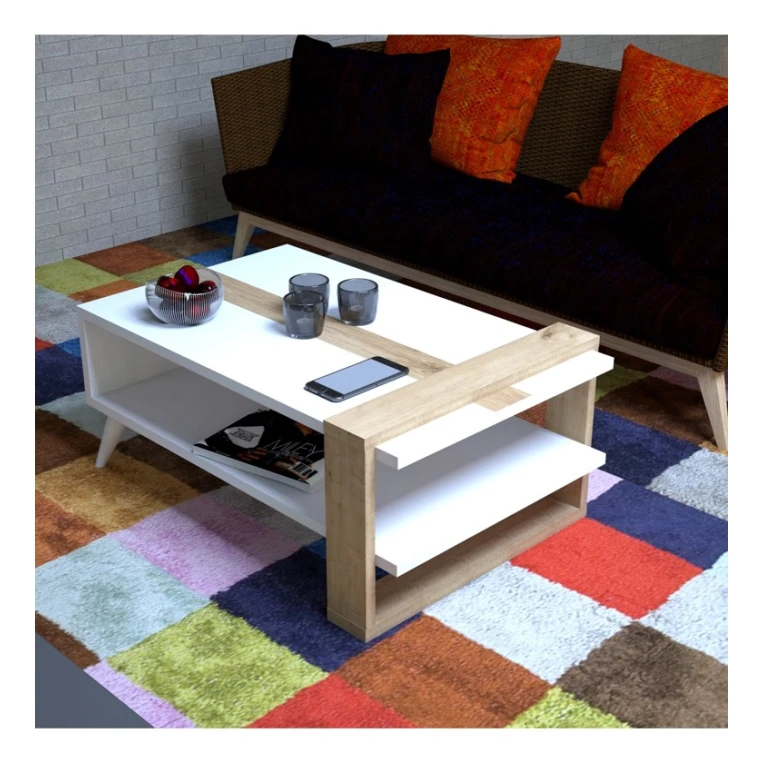 Журнальный стол Art_66, ламинат, белый/светло-коричневый, 50x90x60 см