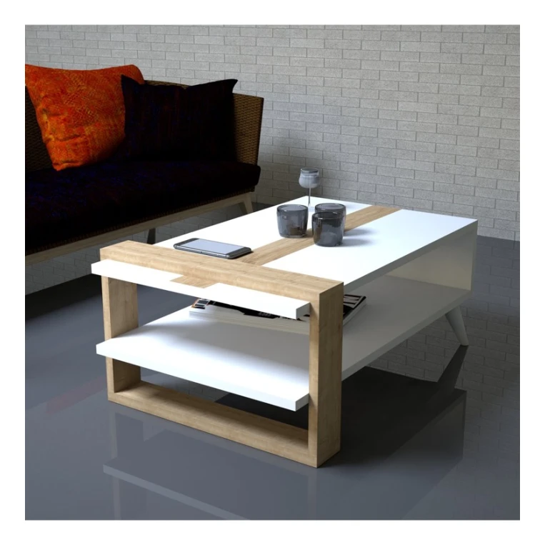 Журнальный стол Art_66, ламинат, белый/светло-коричневый, 50x90x60 см