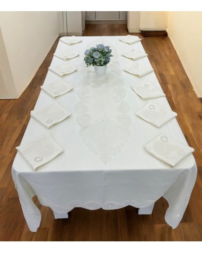 Süfrə FIRST HOME Lux Zambak, 160x260 sm, kətan, 8 nəfərlik, 12 salfetka 35x35 sm, 12 üzük, 1 orta runer 40x170 sm - TP-TK-005
