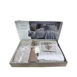 Комплект постельного белья İyi Geceler İstanbul İH99, пододельник 200х220 см, простыня 240х260 см, наволочки 50х70, покрывало 220х240 см, двуспальный, хлопок, голубой/коричневый