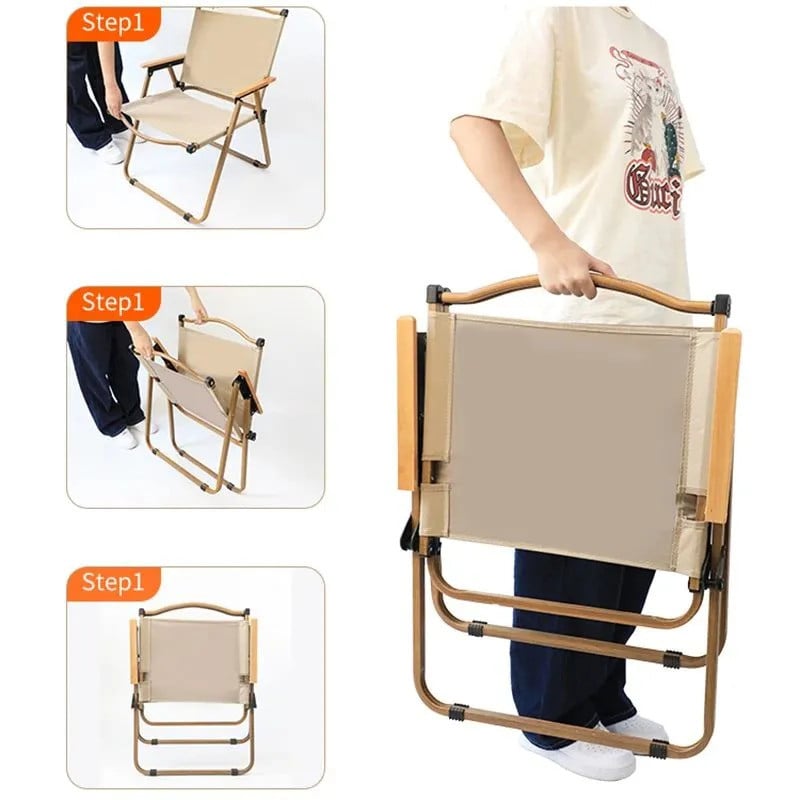 Складной стул с металлическим каркасом бежевого цвета и тканевым сиденьем. Складной стул с металлическим каркасом бежевого цвета и тканевым сиденьем.