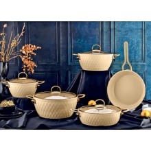 Qazan dəsti Özlife Inci, 9 parça, 4.5 mm qalınlıq, 3.5 l (20 sm), 6.5 l (24 sm), 11 l (28 sm), dayaz qazan 5 l (28 sm), tava 26 sm, Türkiyə istehsalı, krem/qızılı - maxi-sweet-TP1644490