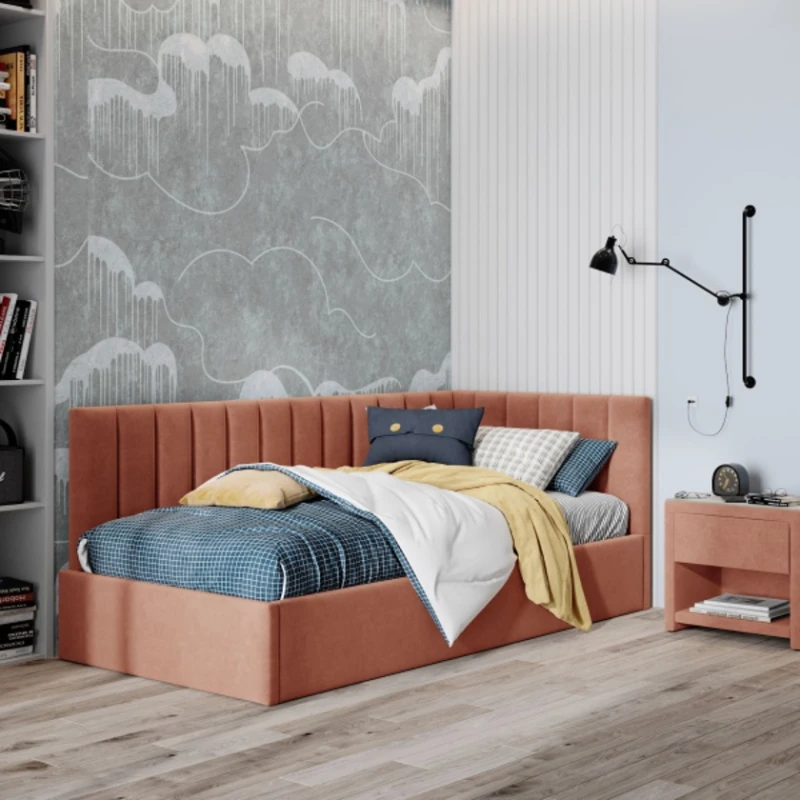 Односпальная кровать Art_tek_yataq 76, ламинат/текстиль, оранжевая, 200x85x90 см