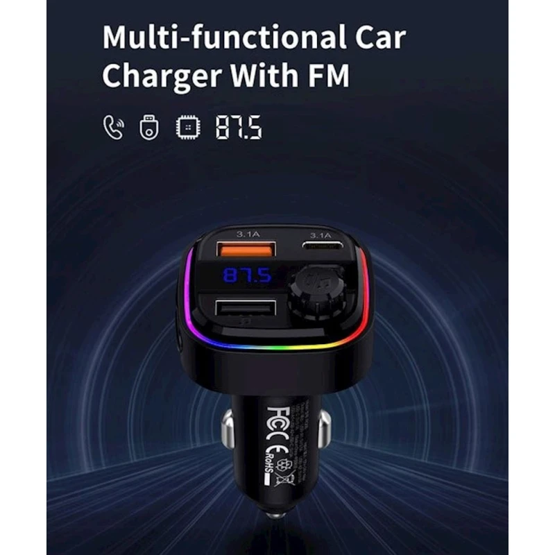 Avtomobil üçün FM transmitter Recci Bluetooth LED USBx2 USB-C QC 3.1A