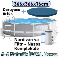 Hovuz Intex 6503TX26712NC, karkas, dairəvi, boz, 366x366x76 sm, həcm 6503 l, filtr-nasos, nərdivan, örtük - 6503TX26712NC