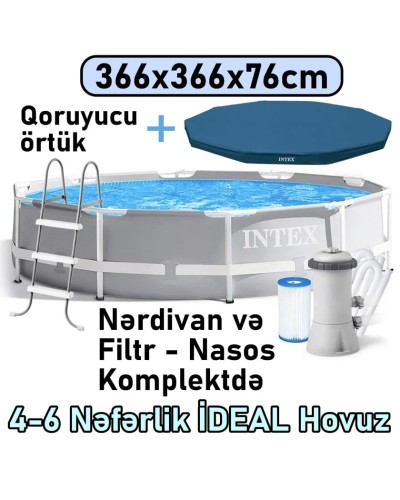 Hovuz Intex 6503TX26712NC, karkas, dairəvi, boz, 366x366x76 sm, həcm 6503 l, filtr-nasos, nərdivan, örtük - 6503TX26712NC