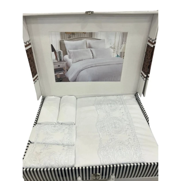 Двуспальный комплект постельного белья с кружевом FA tekstil-78, 2 наволочки 50/70 шт., 2 наволочки 70/70 шт., 1 пододеяльник 220/200 шт., 1 покрывало 200/220 шт.