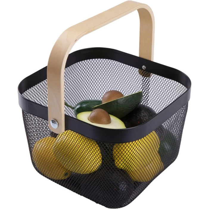 Корзина для хранения IBWell, металл/дерево, черная, 26x26x18 см